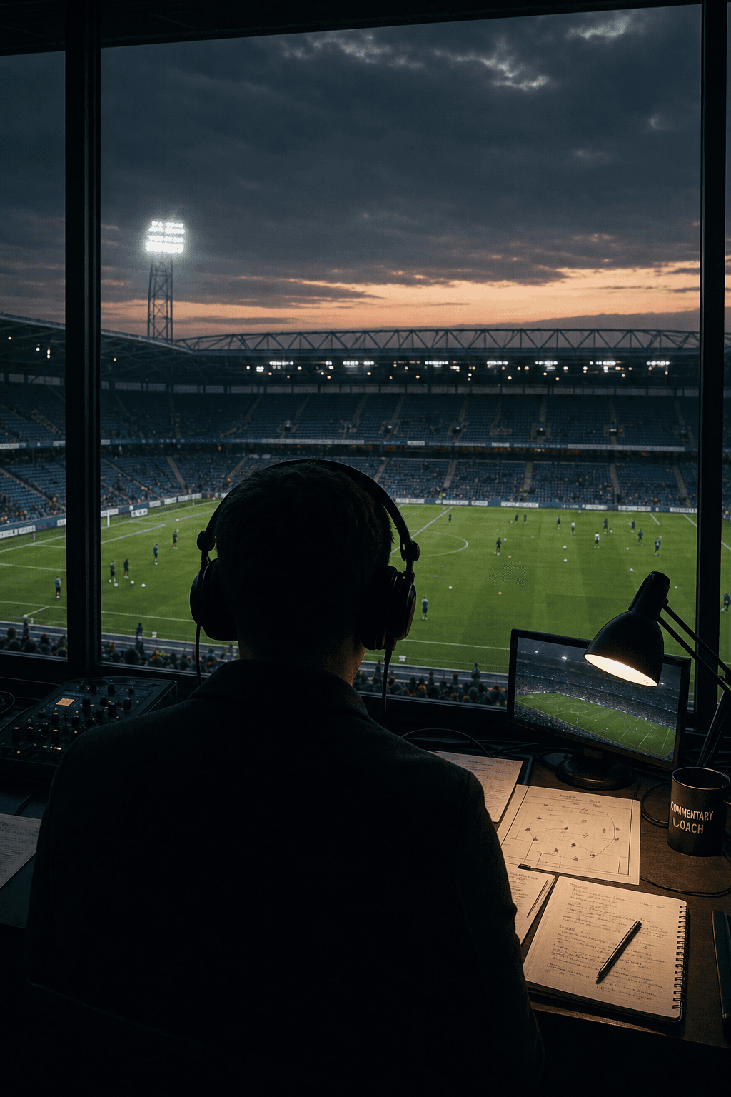 Silhouetted soccer commentator in a dim broadcast booth at dusk, overlooking a glowing stadium through glass windows, match notes spread across the desk